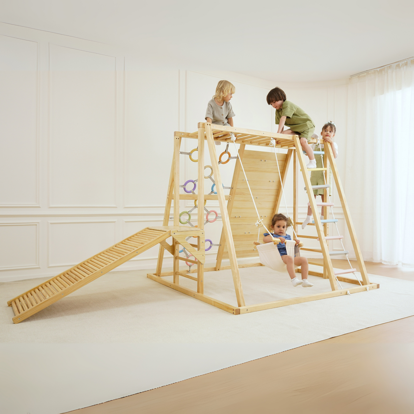 Avenlur Sweetgum Indoor Wooden Climber – Montessori 8-in-1 Playset with Slide, Swing, Rock Wall – Small & Medium Sizes
