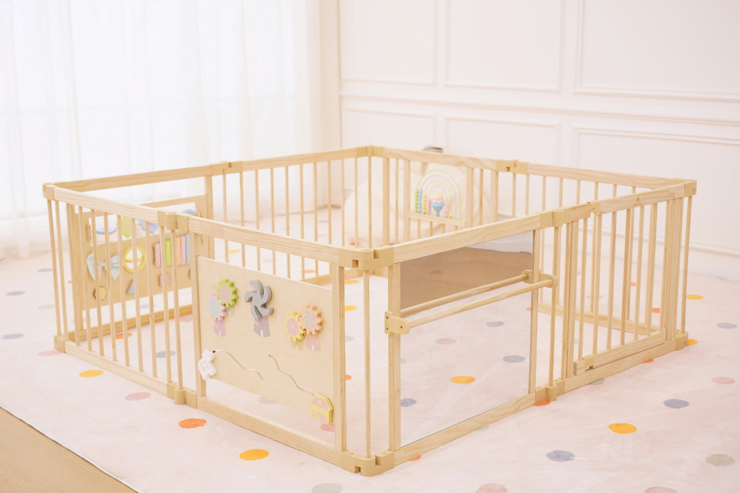 Wooden Baby Playpen with Mirror & Whiteboard Panel โ Foldable 63" x 63" Montessori Sensory Play Yard