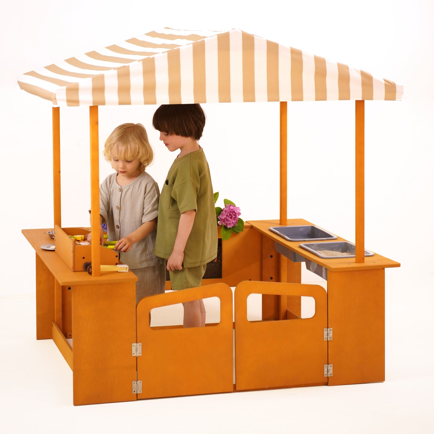 Full view of the Avenlur Sumac wooden outdoor play market and mud kitchen with striped canopy