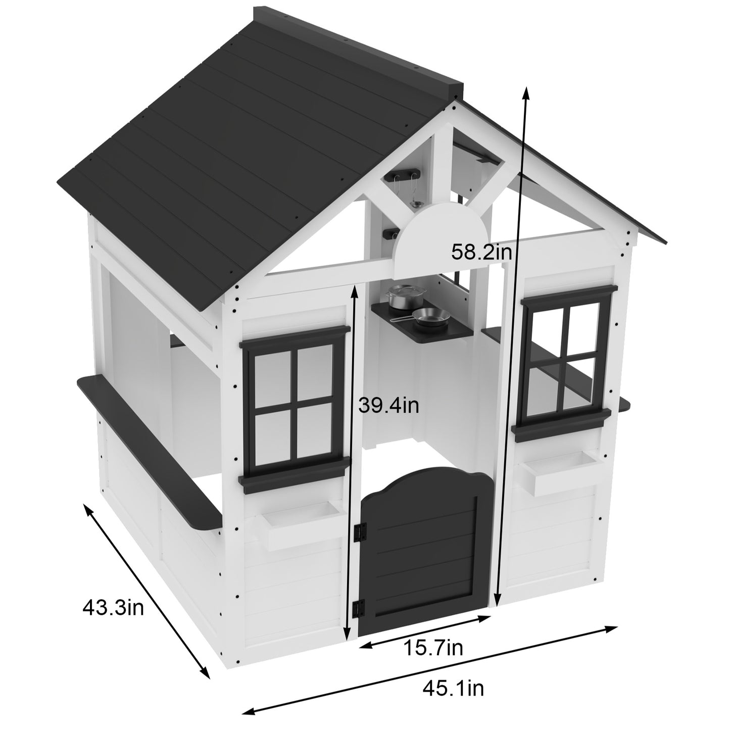 Technical diagram of a white wooden playhouse with measurements showing width, depth, door height, and overall height in inches