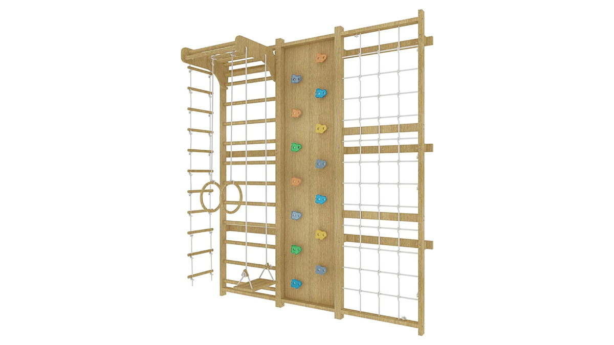 Avenlur Walnut Swedish ladder play gym with climbing wall, monkey bars and swing