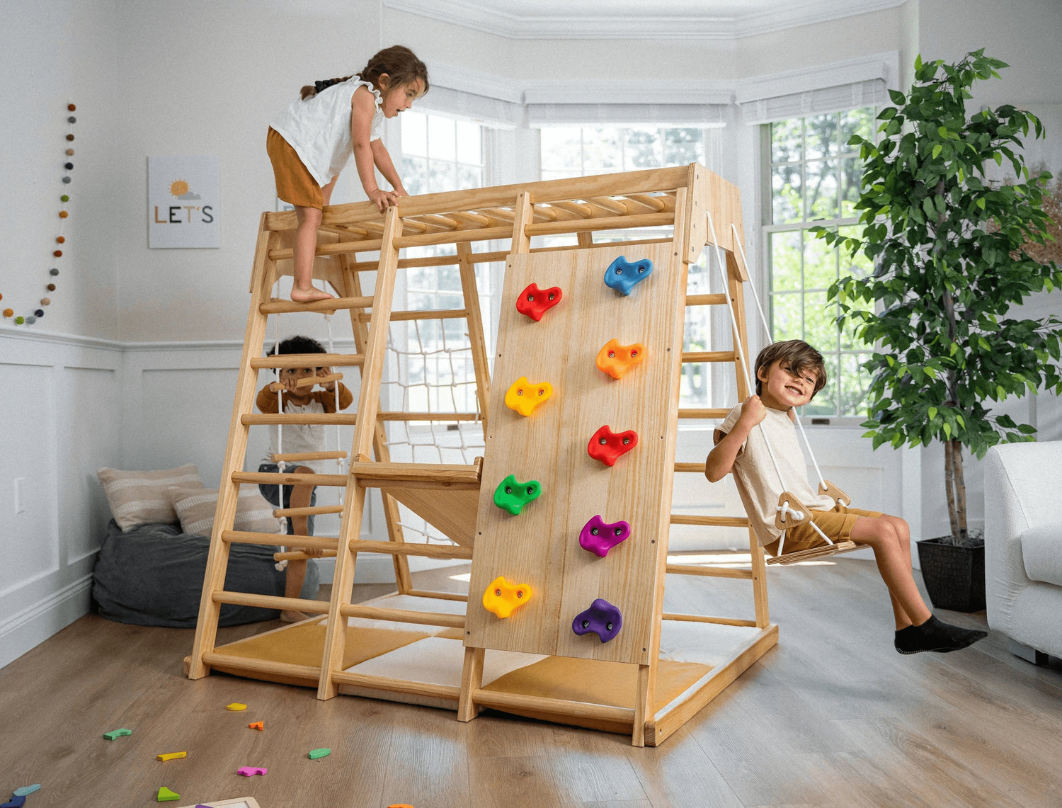 An Avenlur indoor playground for endless fun—climb, swing, and explore right at home with this stylish, natural wood playset.