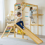 Children playing on Avenlur Grove 8-in-1 wooden playset