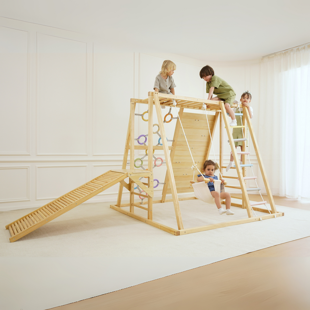 Avenlur Sweetgum 8-in-1 Indoor Wooden Playset – Montessori Climber with Slide, Rockwall, Swing & More (X-Large)