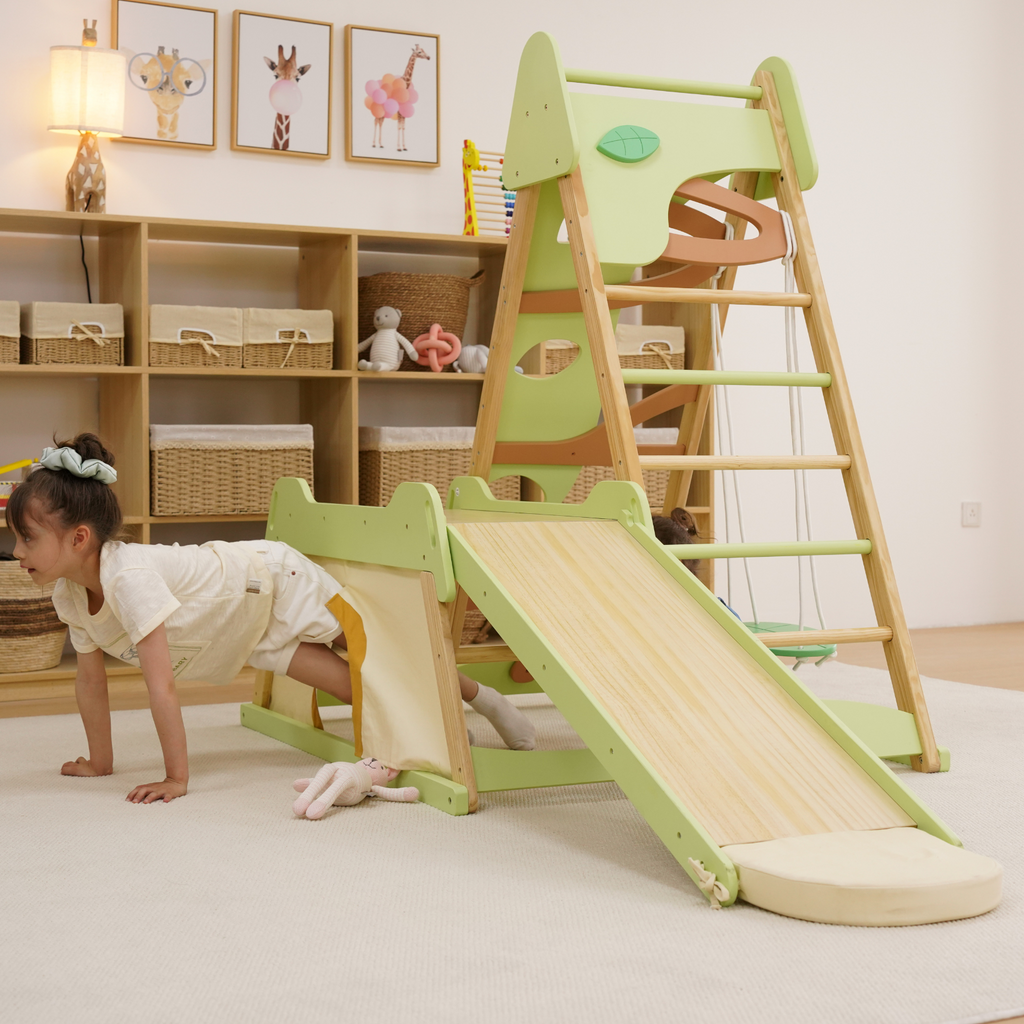 Avenlur Bush 6-in-1 Indoor-Klettergerüst aus Holz – Montessori-Spielset für Kleinkinder mit Rutsche, Kletterwand, Leiter und mehr