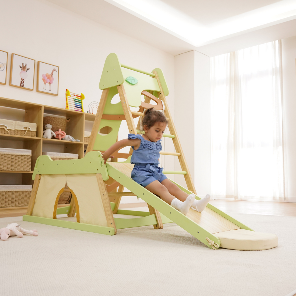 Avenlur Bush 6-in-1 Indoor-Klettergerüst aus Holz – Montessori-Spielset für Kleinkinder mit Rutsche, Kletterwand, Leiter und mehr