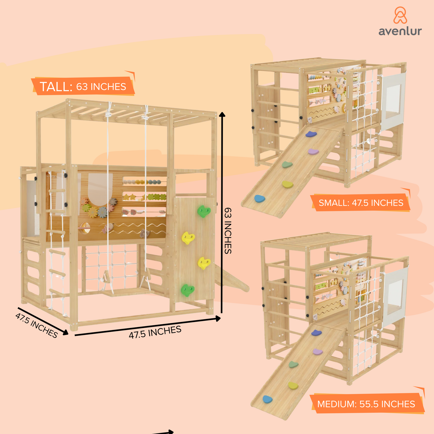 Wooden play structure with dimensions labeled, featuring the brand 'Avenlur'.