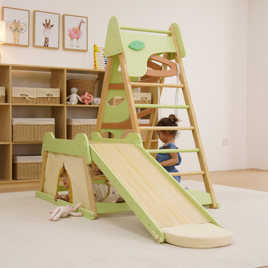 Avenlur Bush 6-in-1 Indoor-Klettergerüst aus Holz – Montessori-Spielset für Kleinkinder mit Rutsche, Kletterwand, Leiter und mehr