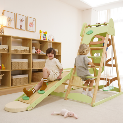 Avenlur Bush 6-in-1 Indoor Wooden Jungle Gym Climber – Montessori Toddler Playset with Slide, Rock Wall, Ladder & More