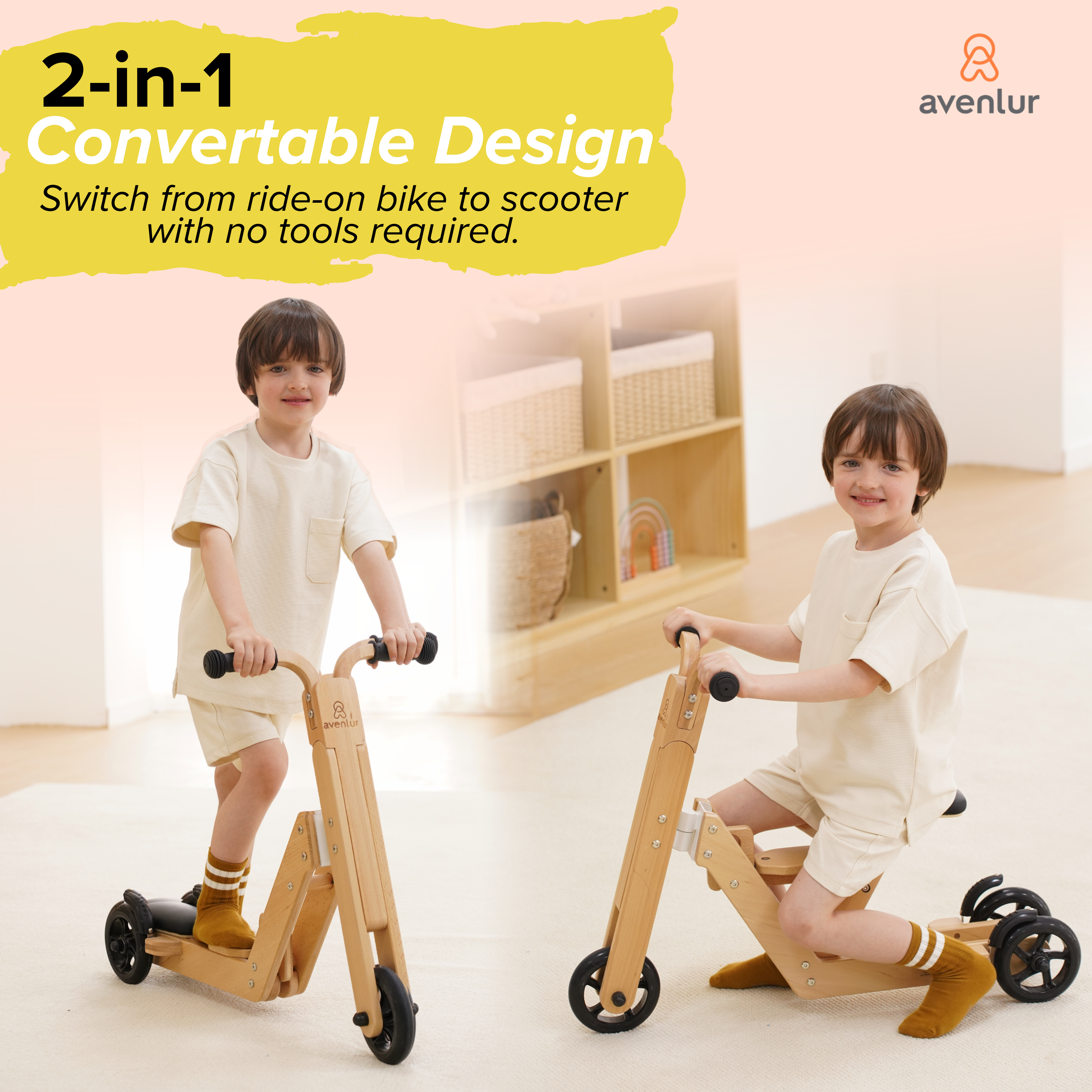 Juneberry 2-in-1 Wooden Scooter & Ride-On Toy for Toddlers