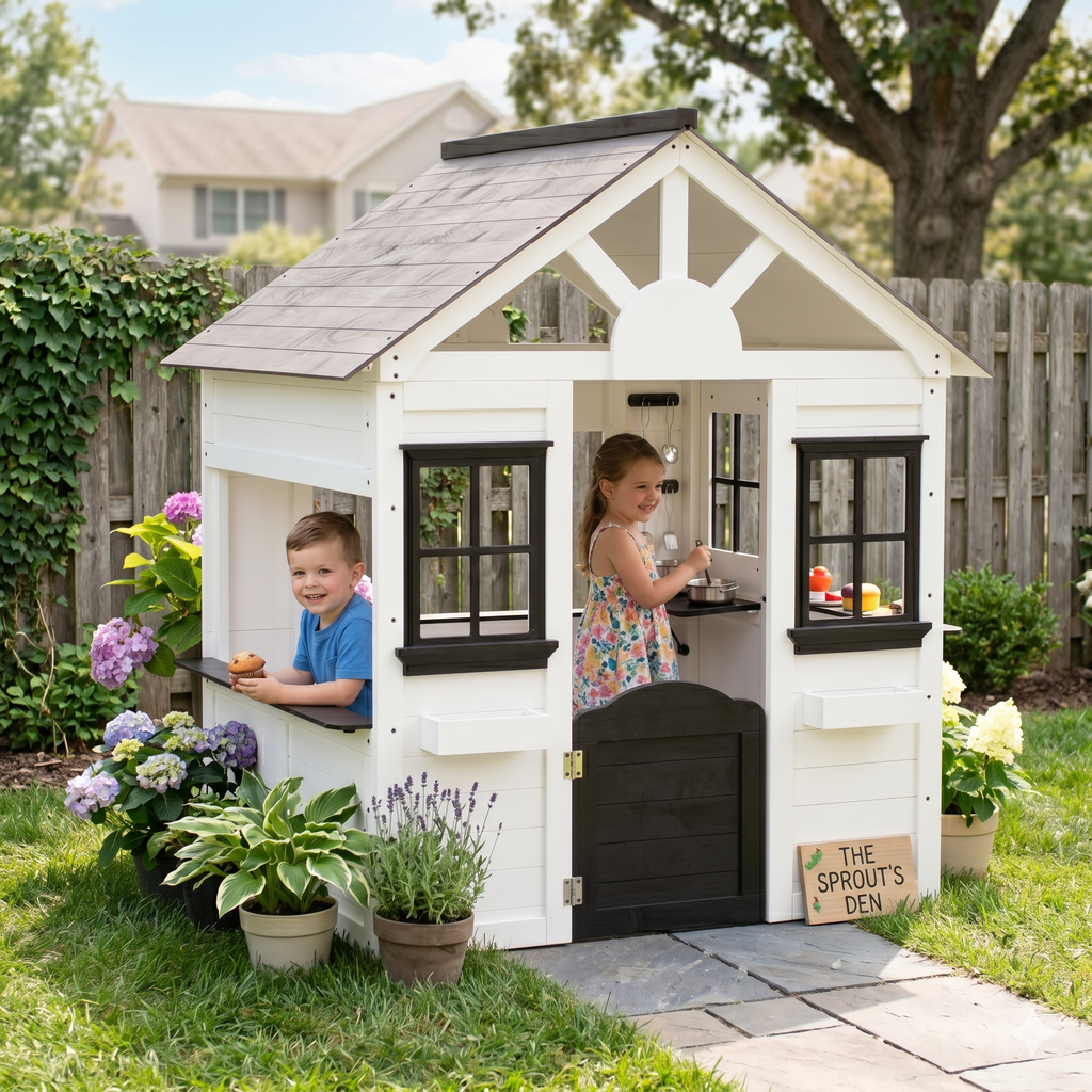 Casa Modernes weißes Holzspielhaus mit schwarzen Zierelementen – Kinder-Spielhaus für drinnen und draußen