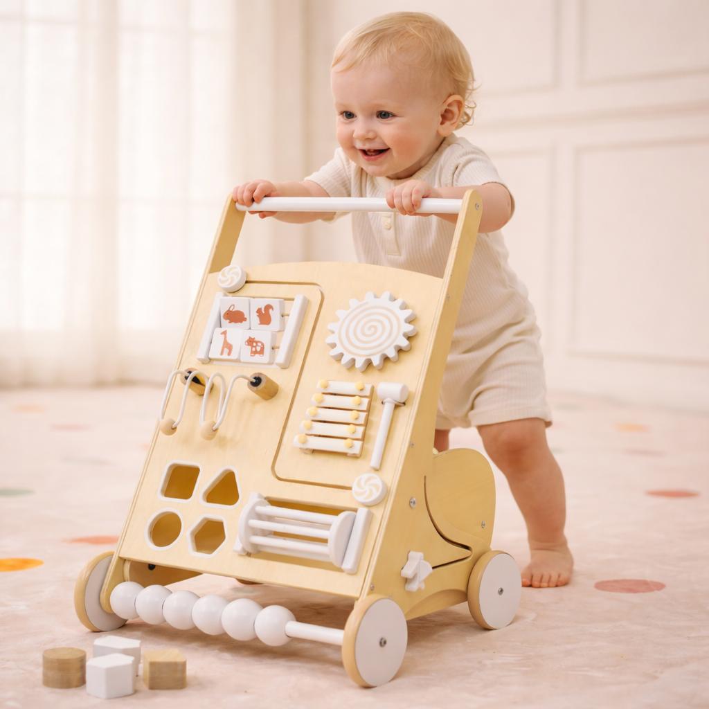 Wooden Baby Activity Walker with Sensory Play - White