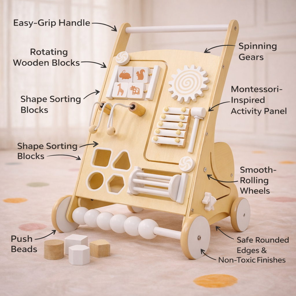 Wooden Baby Activity Walker with Sensory Play - White