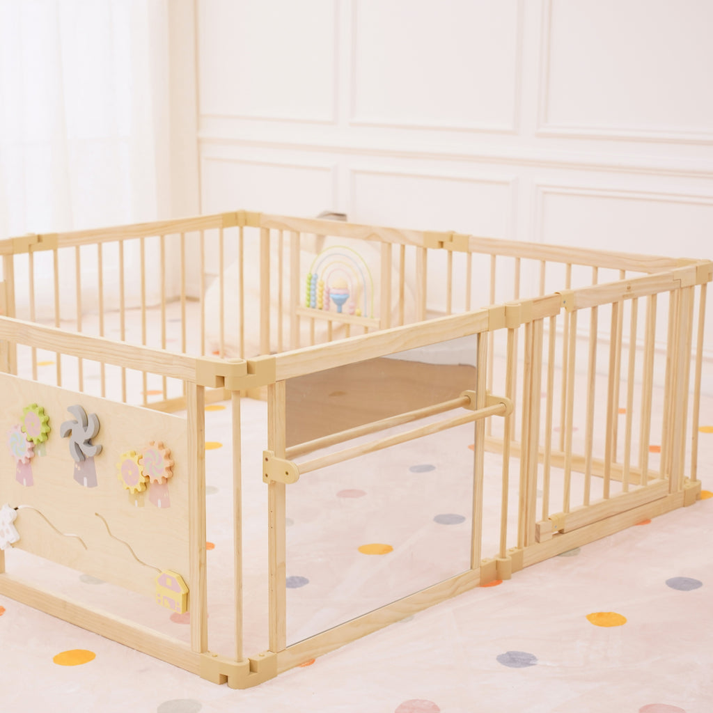 Wooden Baby Playpen with Mirror & Whiteboard Panel – Foldable 63" x 63" Montessori Sensory Play Yard