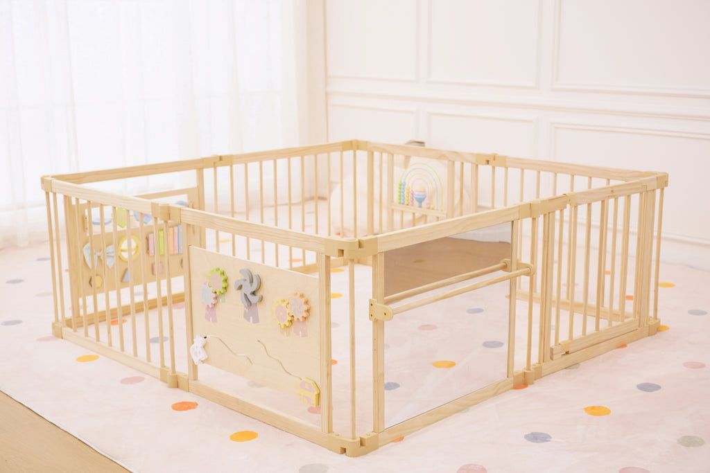 Wooden Baby Playpen with Mirror & Whiteboard Panel – Foldable 63" x 63" Montessori Sensory Play Yard