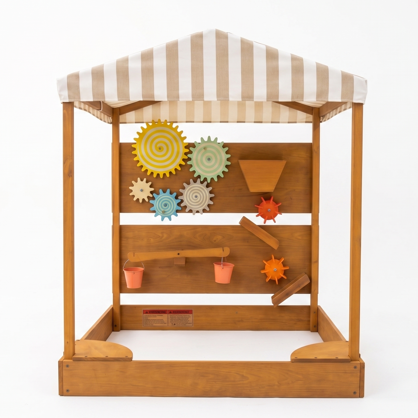 Wooden toy with colorful gears and a striped canopy on a white background