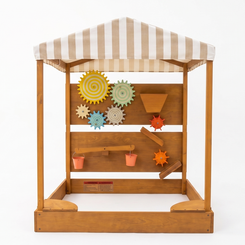 Wooden toy with colorful gears and a striped canopy on a white background