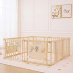 Laufstall aus Holz mit sensorischen Aktivitätspaneelen – 160 x 160 cm, quadratisch, faltbar, für drinnen, mit Montessori-Spielzeug