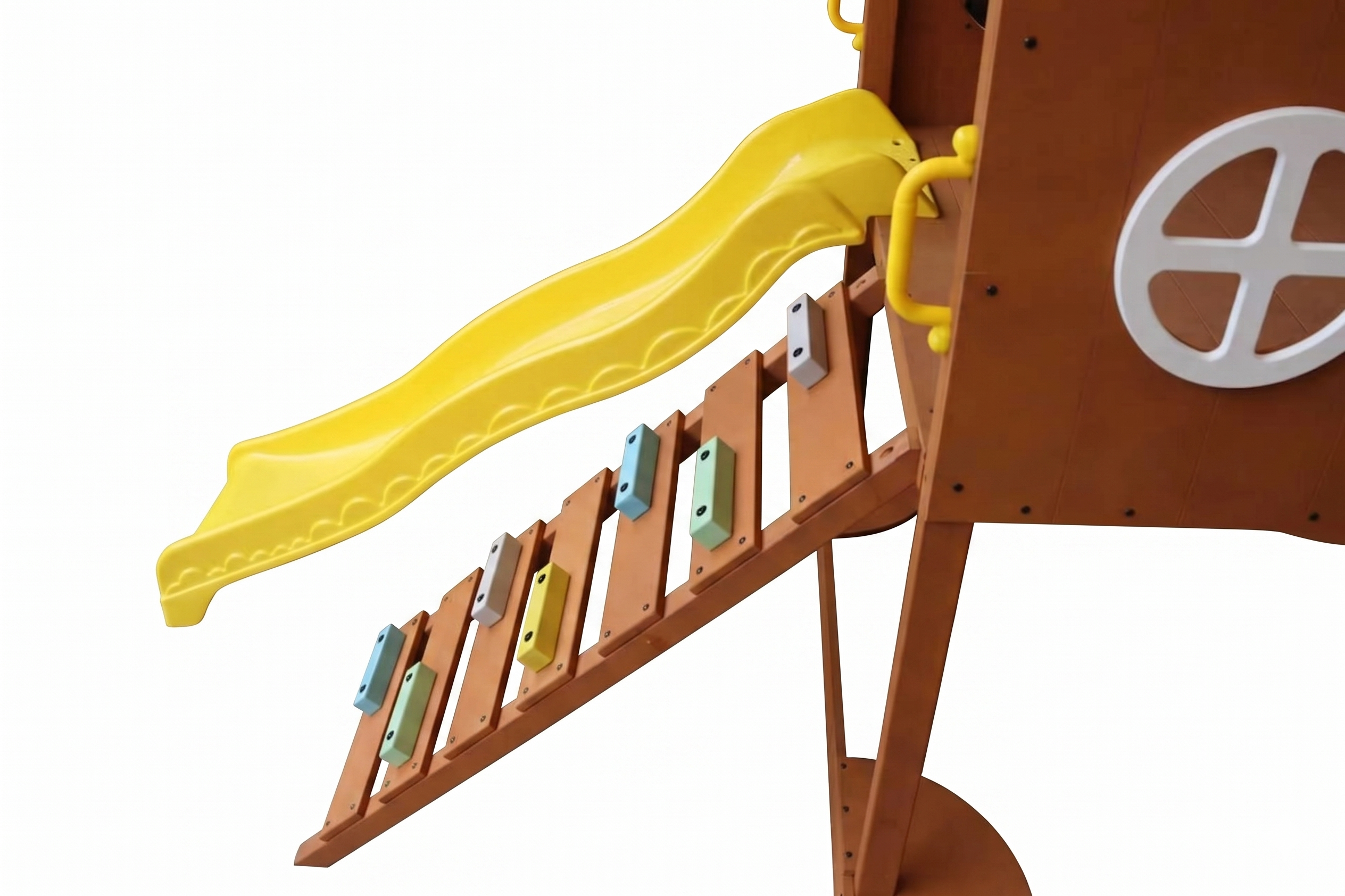 Mimosa Wooden Outdoor Playhouse with Slide, Climbing Stairs & Sensory Gear Panel