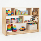 Wooden toy shelf with various toys on a white background