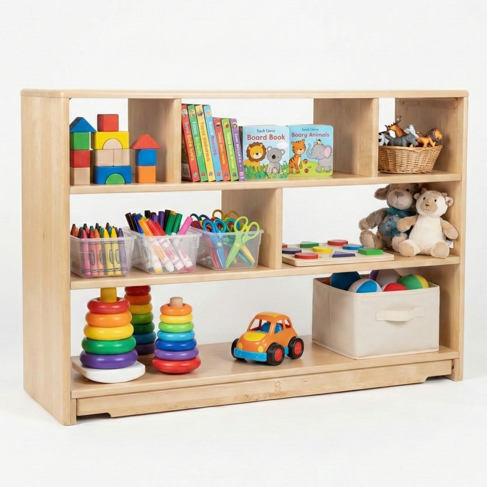 Wooden toy shelf with various toys on a white background