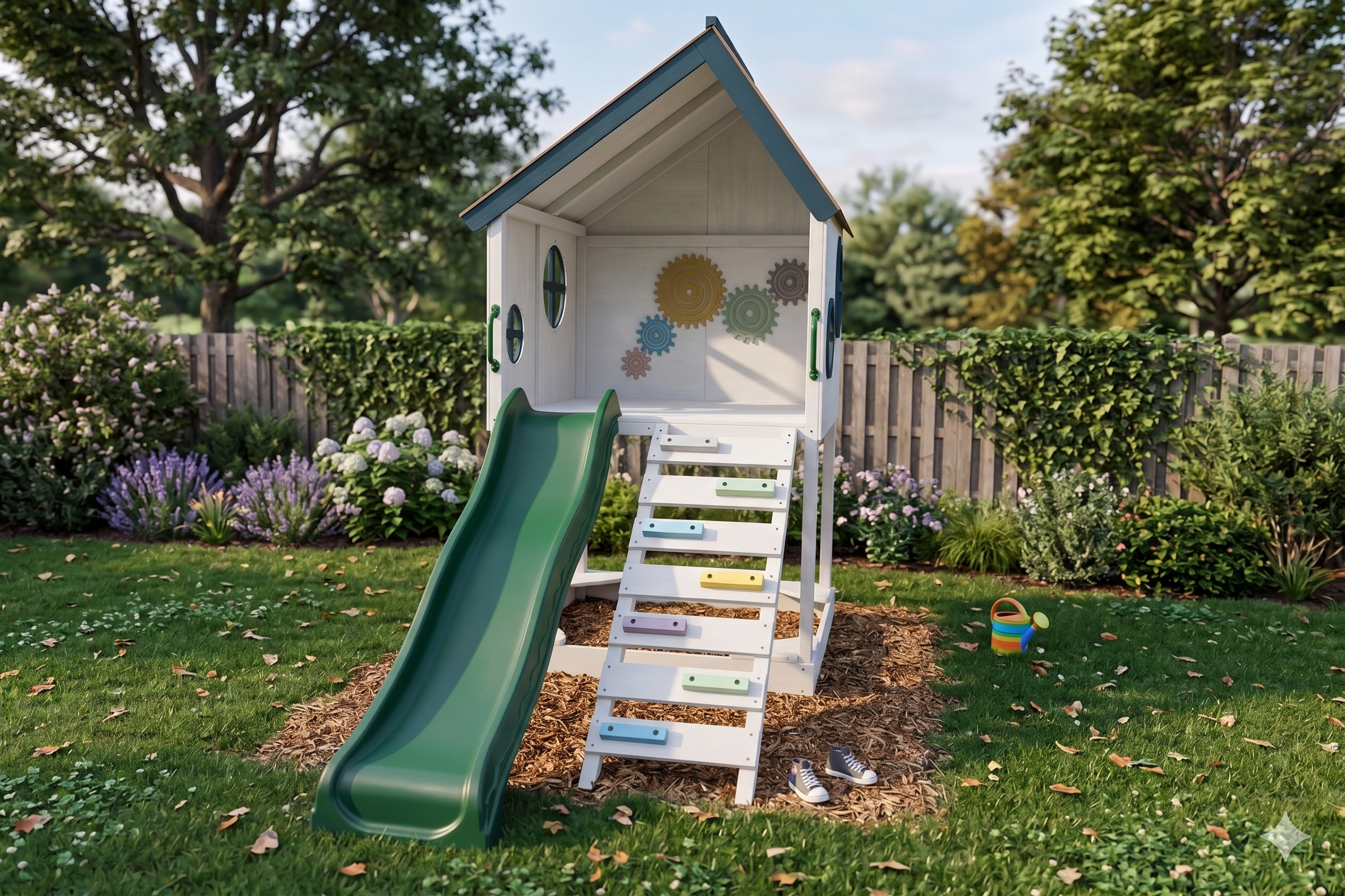 Mimosa Wooden Outdoor Playhouse with Slide, Climbing Stairs & Sensory Gear Panel