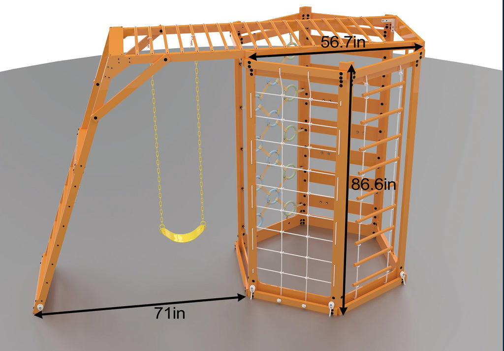 Two playground structures with swings, showing dimensions on a gray background.