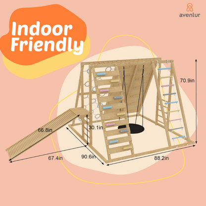 Avenlur Sweetgum Jumbo Indoor Wooden Playset – Montessori 8-in-1 Climber with Slide, Rock Wall & Swing
