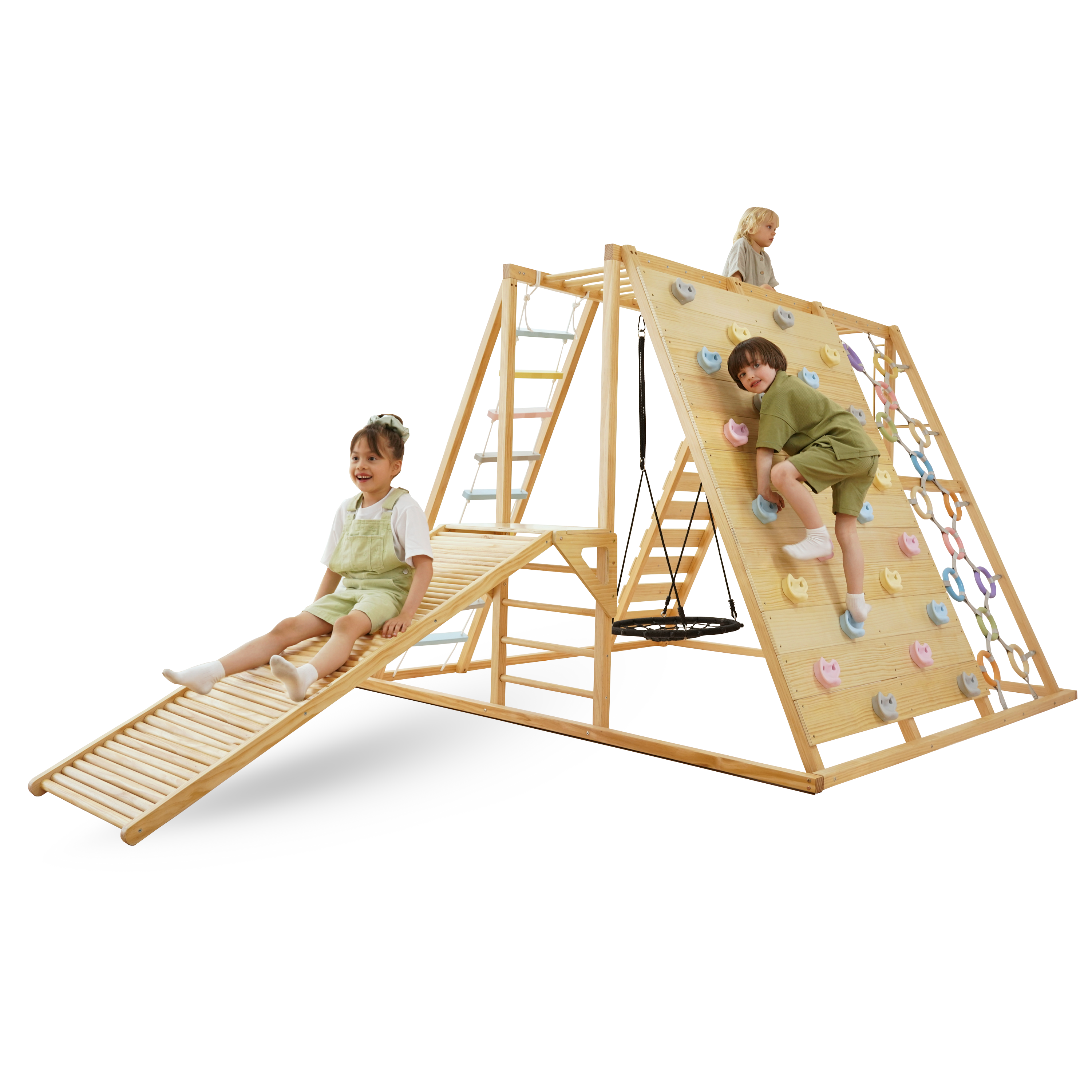 Avenlur Sweetgum Indoor Wooden Climber – Montessori 8-in-1 Playset with Slide, Swing, Rock Wall