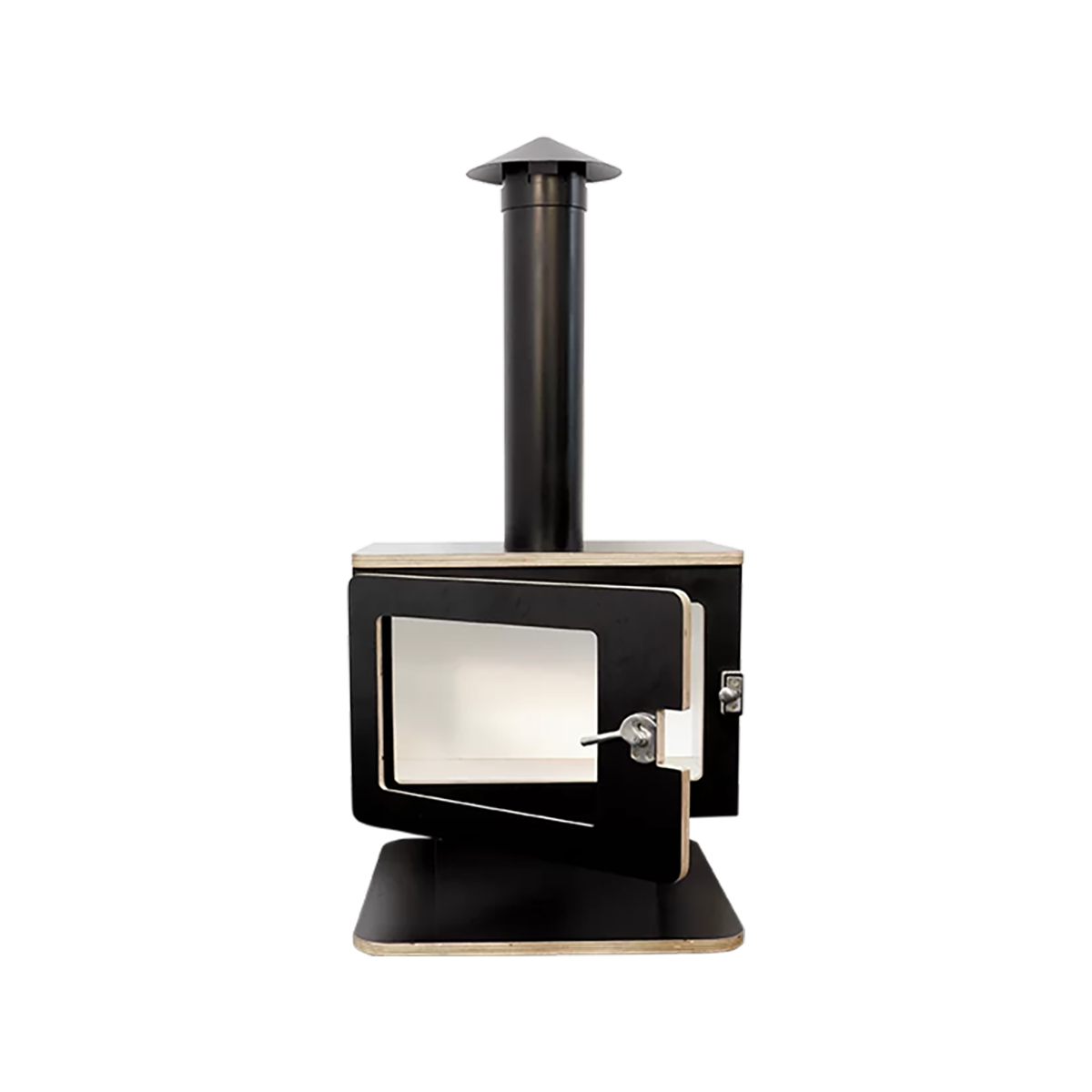 Modern pretend wooden fireplace with natural wood edge and matte black finish