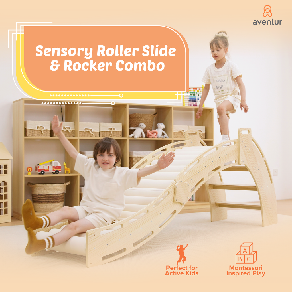 Child using Avenlur Sensory Roller Slide with soft rotating foam rollers for tactile movement play