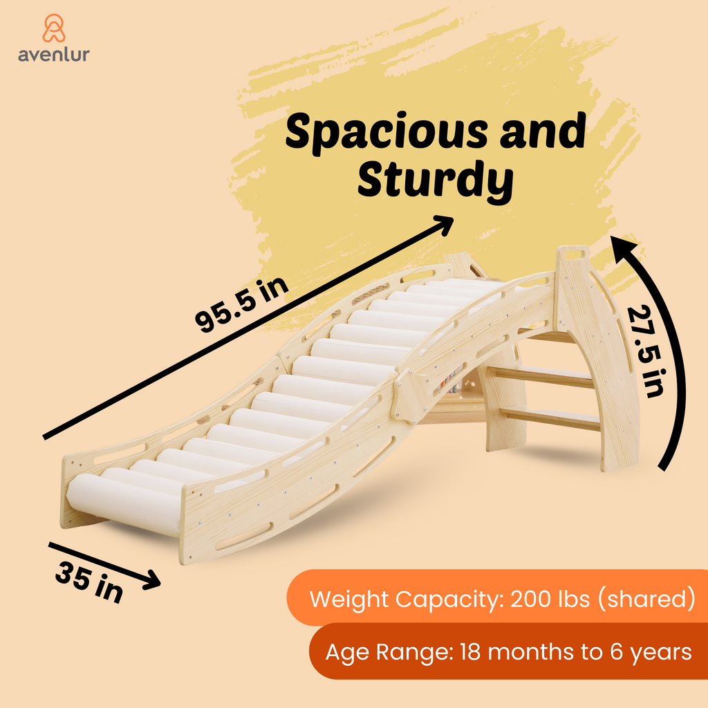 Convertible Montessori roller slide and rocker showing sensory foam rollers and sturdy wooden construction