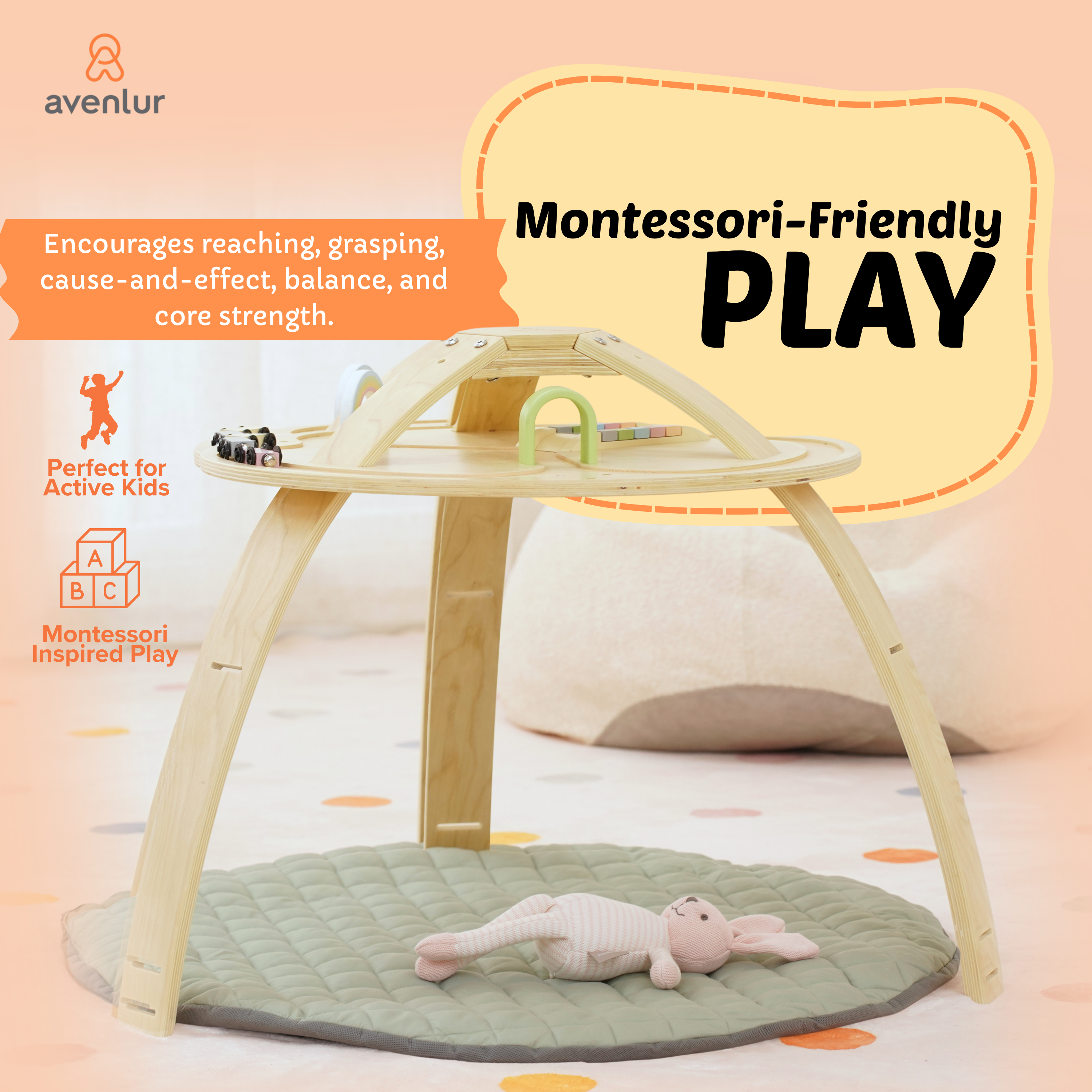 Ivy 3-in-1 Babywippe, Spielbogen und Aktivitätstisch aus Holz