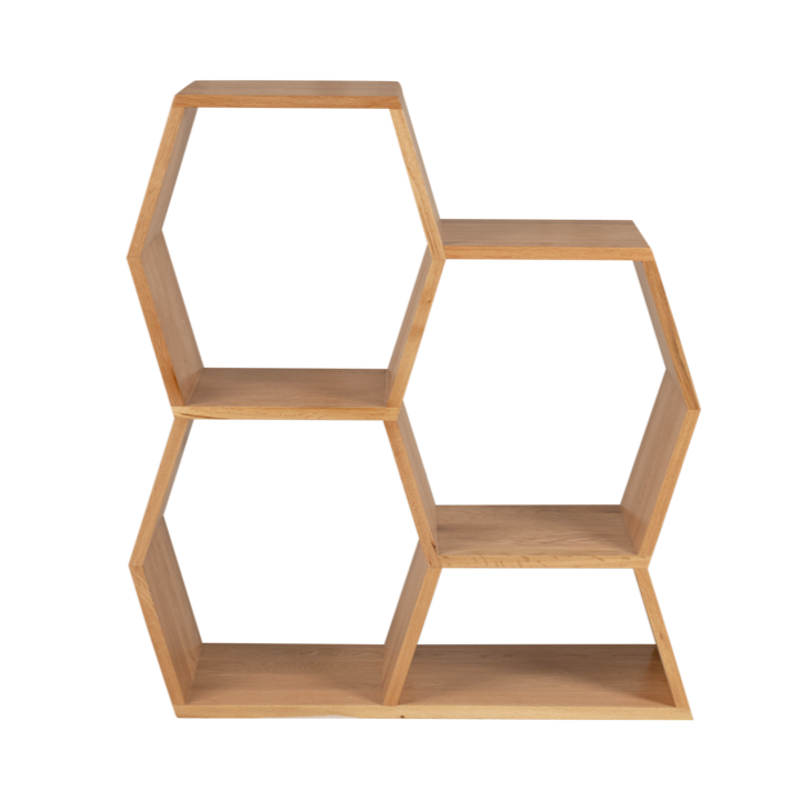 Wooden hexagonal shelf on a white background

