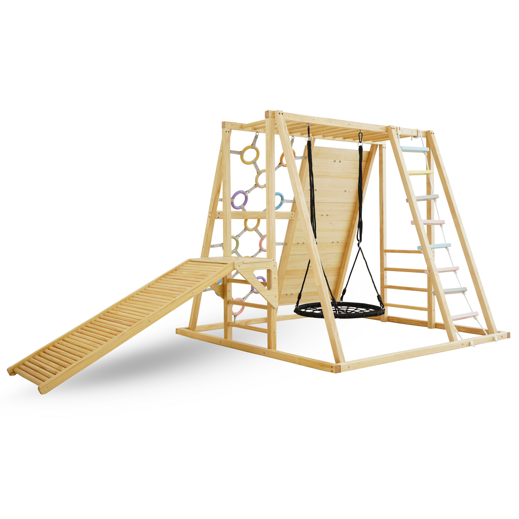 Avenlur Sweetgum Indoor Wooden Climber – Montessori 8-in-1 Playset with Slide, Swing, Rock Wall