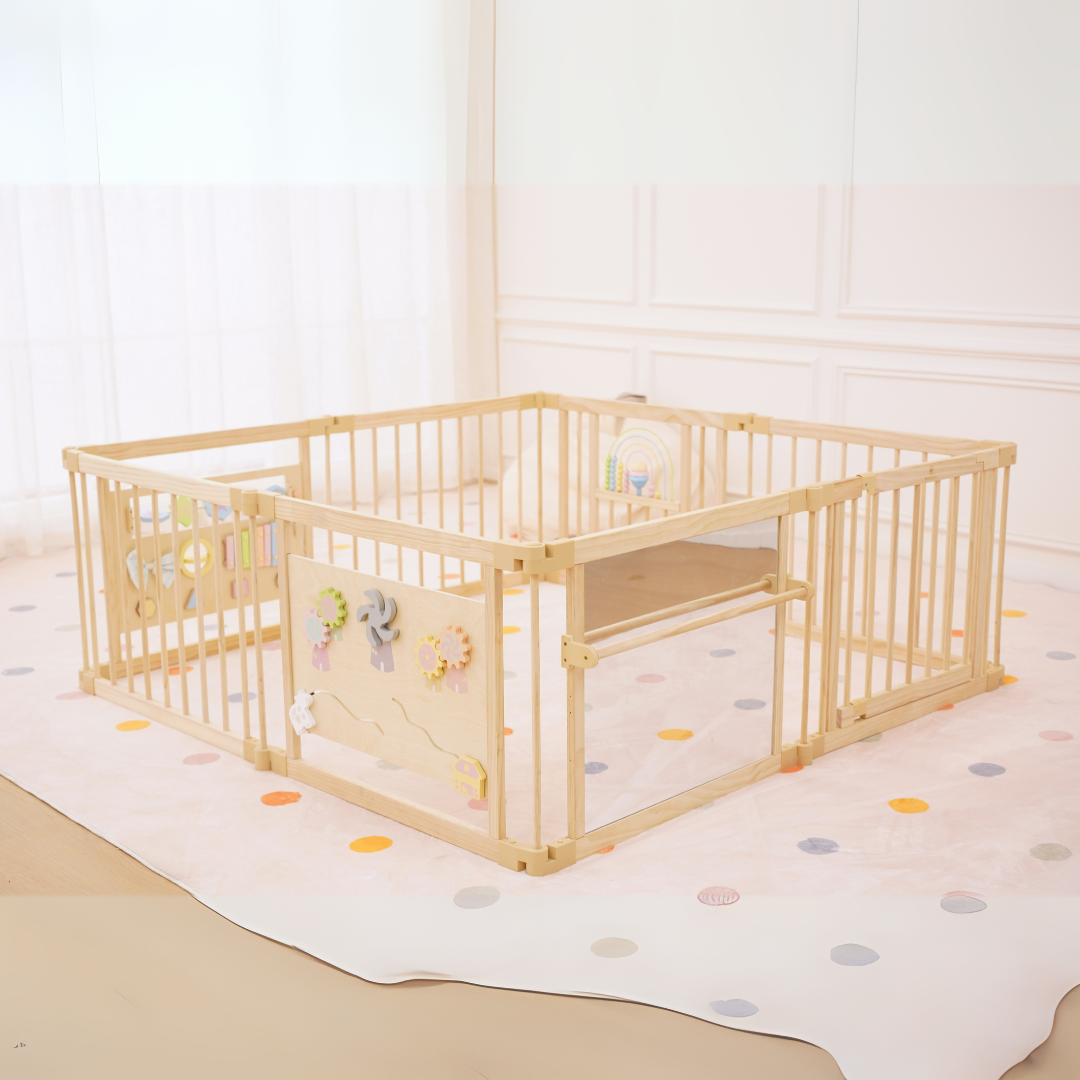 Wooden Baby Playpen with Mirror & Whiteboard Panel – Foldable 63" x 63" Montessori Sensory Play Yard