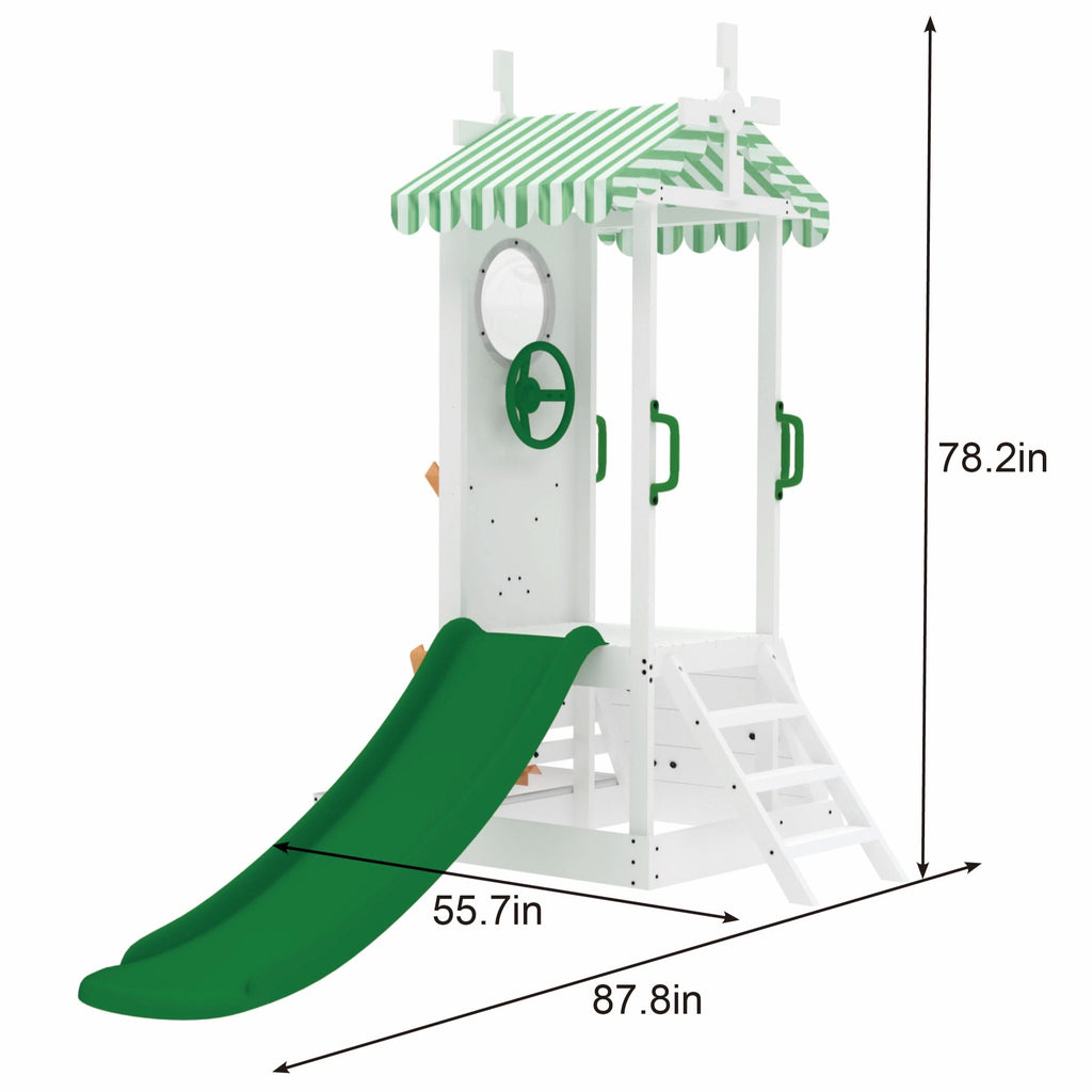 Avenlur Aloe outdoor kids playhouse with slide dimensions showing height, width and slide length