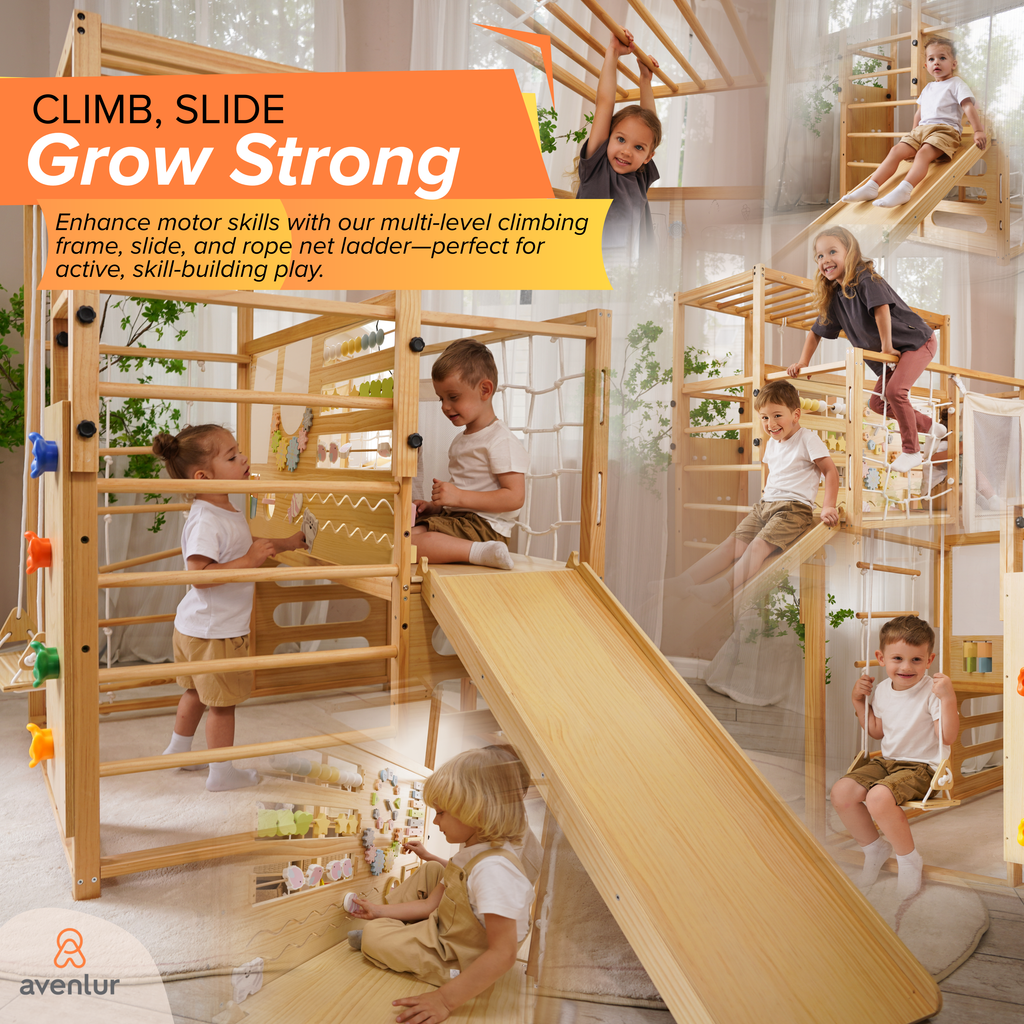 Avenlur Alpine climbing gym set up in a kids playroom