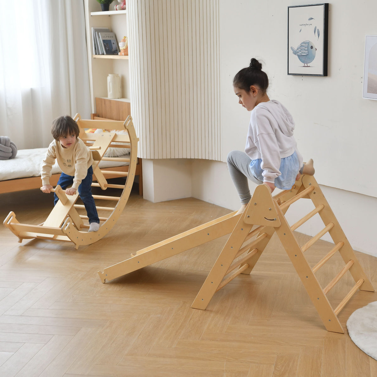 Avenlur Bazel Pikler triangle set with rocker arch and slide for toddlers