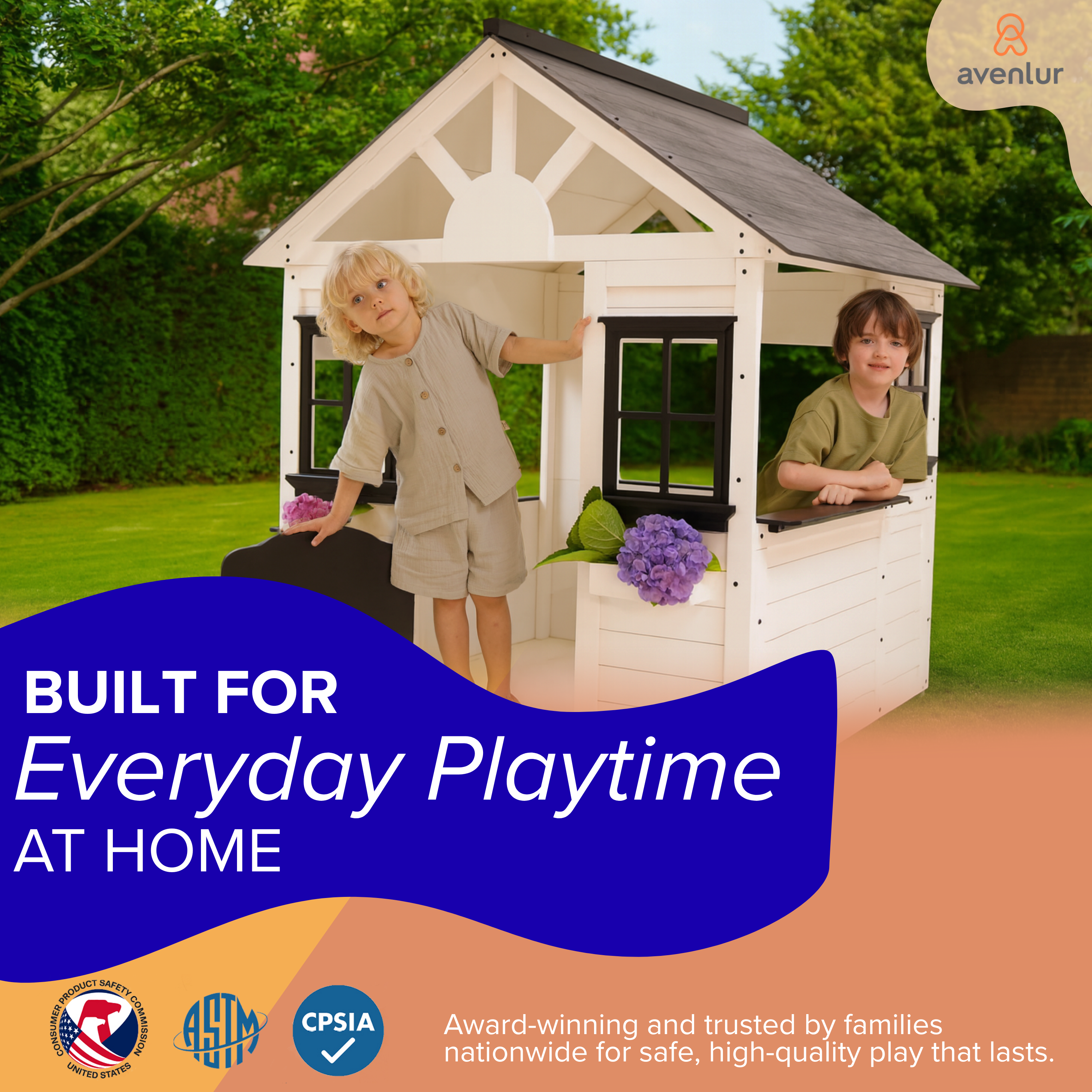 Two children playing around the Avenlur Casa Wooden Playhouse on green grass, with safety certification logos and messaging about everyday playtime.