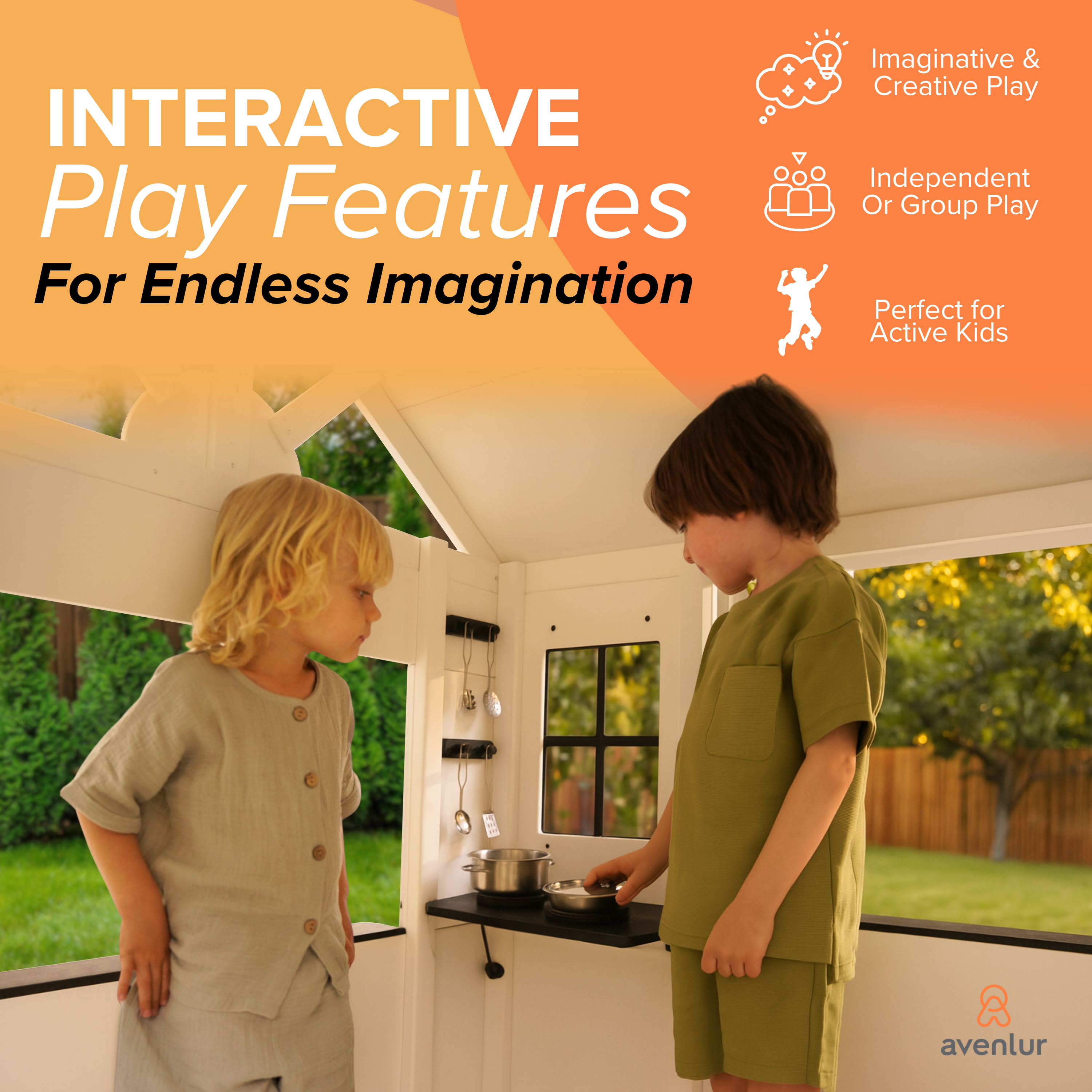 Two children playing inside the Avenlur Casa Wooden Playhouse, engaging with the interior play kitchen and interactive features.