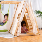 Kids playing inside the Avenlur Chestnut tent with a hanging swing