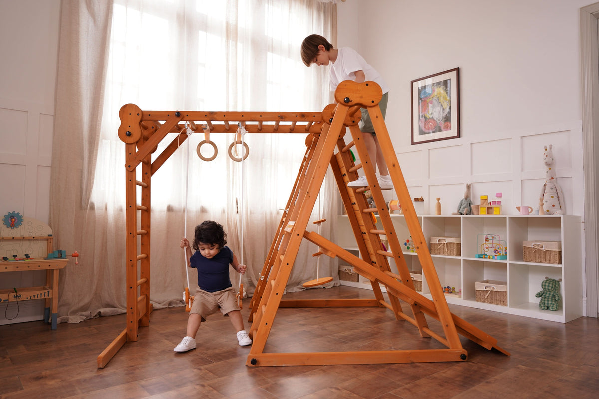 Avenlur Chestnut wooden playset for kids with monkey bars
