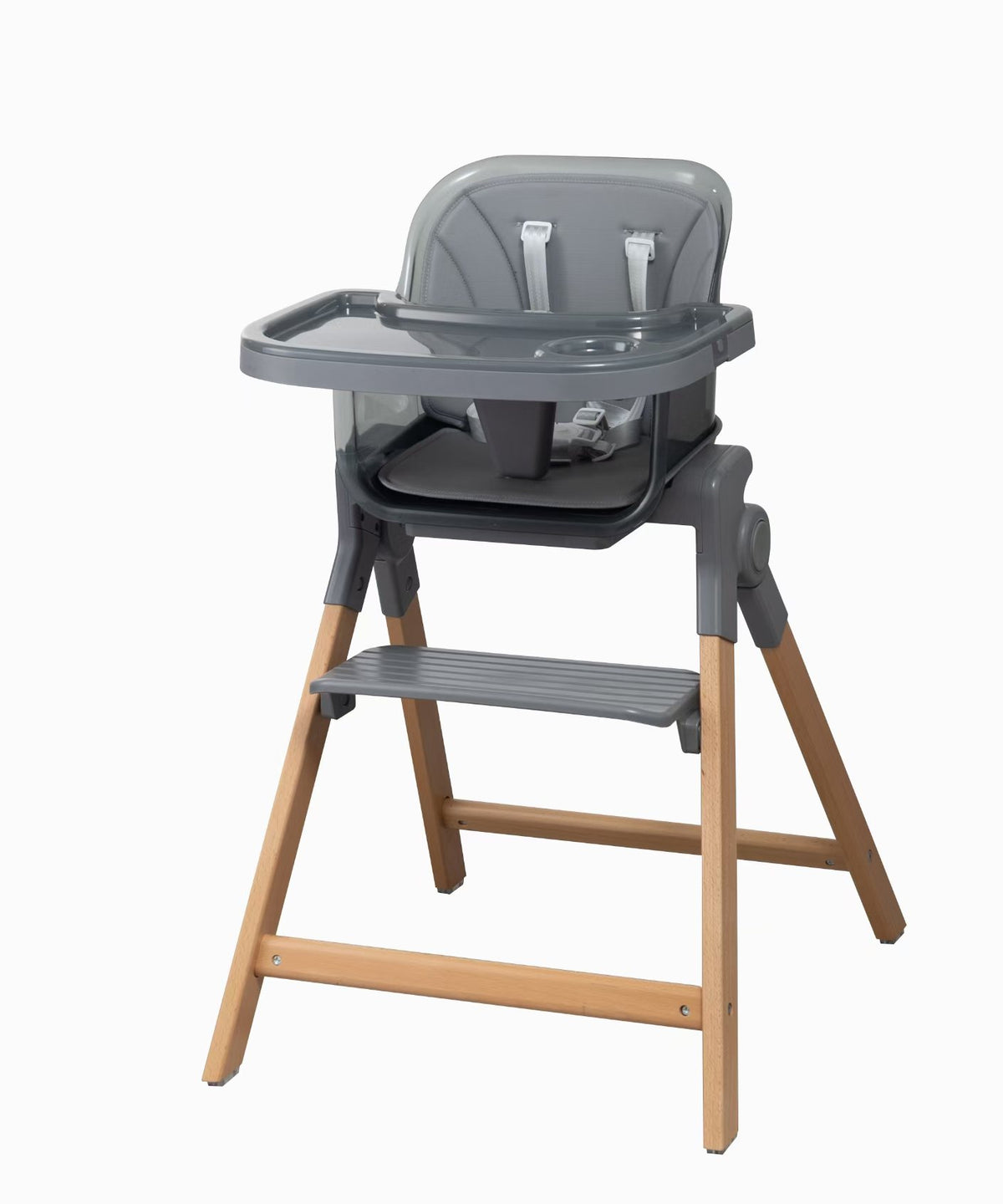 Avenlur Clover wooden baby high chair with gray seat cushion