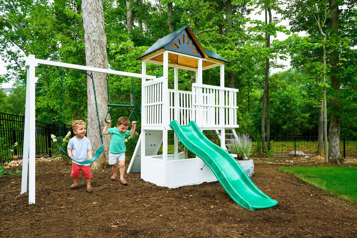 Avenlur Craftsman modern wooden swing set with slide and climber