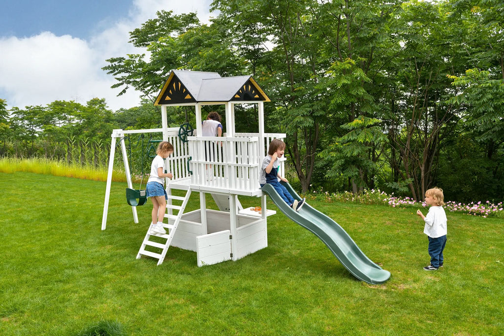 Avenlur Craftsman outdoor climbing structure with covered play tower