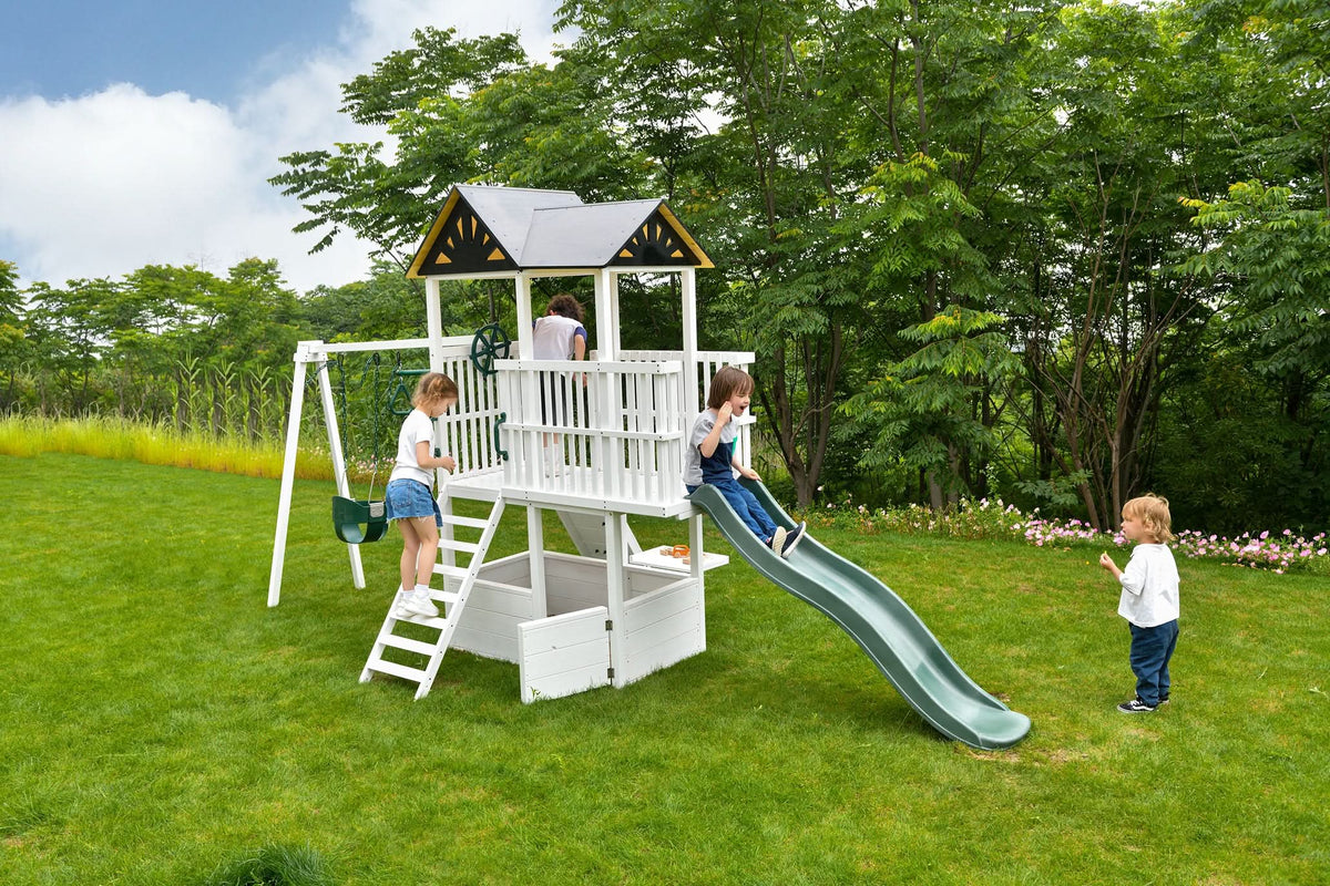 Avenlur Craftsman outdoor climbing structure with covered play tower