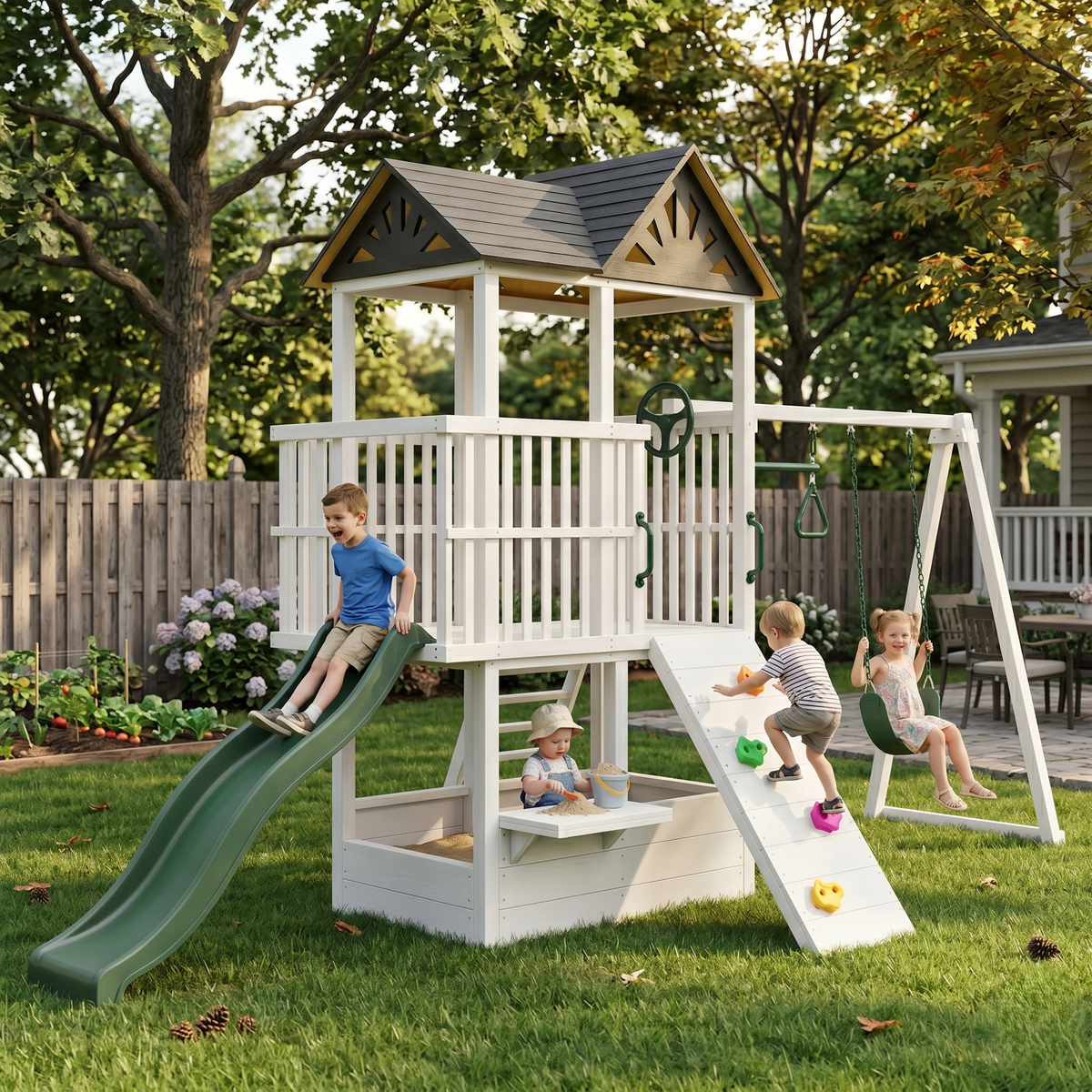 Avenlur Craftsman outdoor playset with covered tower, slide, climber and sandbox