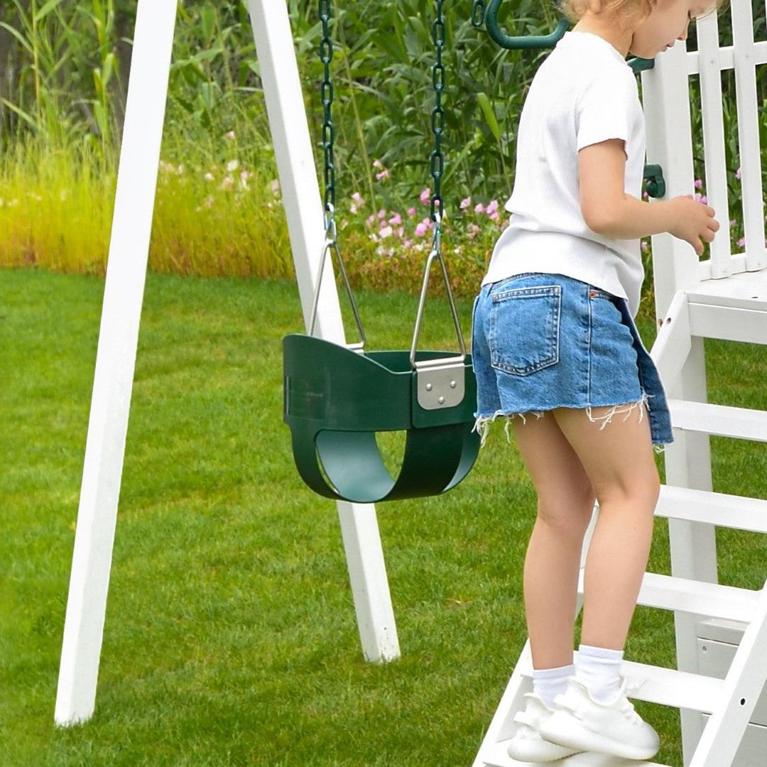 Avenlur bucket swing seat on the Craftsman swing set in the backyard