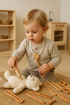 Child checking a teddy bear with the Avenlur toy doctor kit